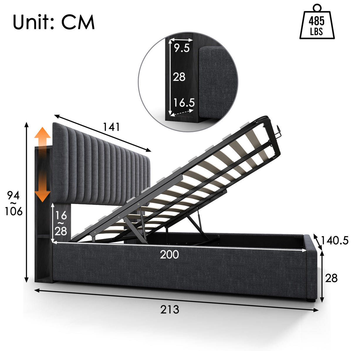TAPECIRANI krevet 140/200 cm sivi od lana s LED uzglavljem, USB Type-C i spremištem - siva, tekstil (140/200cm) - OKWISH