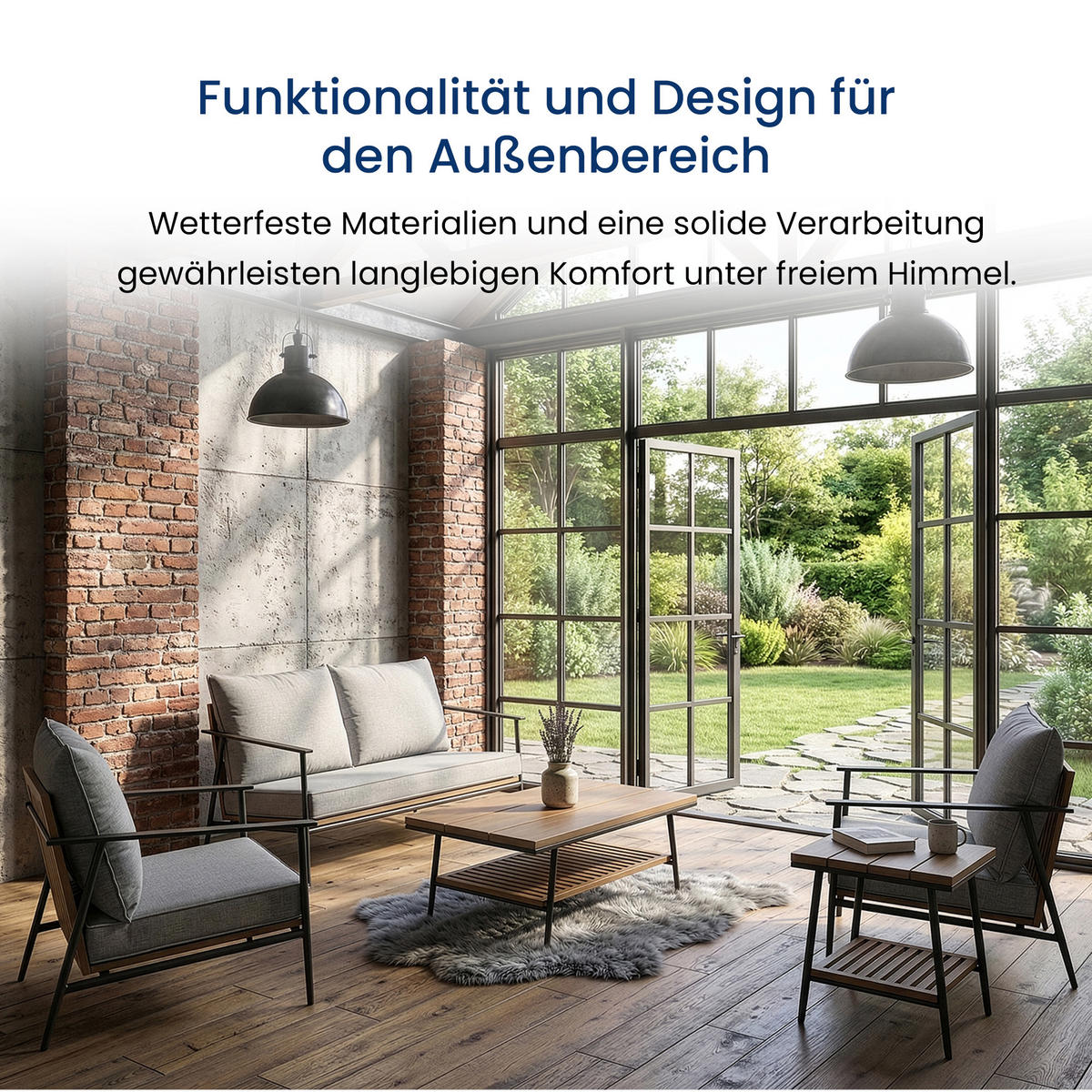 GARTENMÖBEL-SET mit 1 2-Sitzer-Sofa. 2 Einzelstühlen. 1 Couchtisch und 1 Beistelltisch. Schwarz. Grau und Eiche natur - Schwarz/Naturfarben, Metall - Home Collective