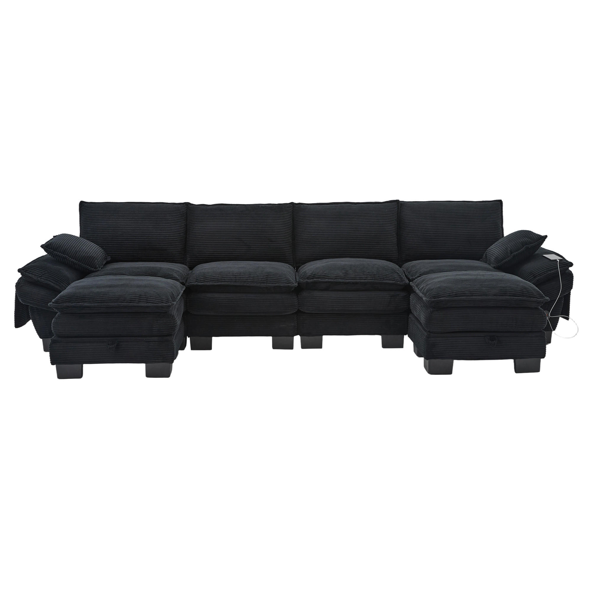 WOHNLANDSCHAFT Cord Schwarz mit USB-C und mit 2 Hocker - Schwarz, Holzwerkstoff/Kunststoff (330/84/132cm) - WISHDOR