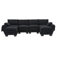 WOHNLANDSCHAFT Cord Schwarz mit USB-C und mit 2 Hocker - Schwarz, Holzwerkstoff/Kunststoff (330/84/132cm) - WISHDOR