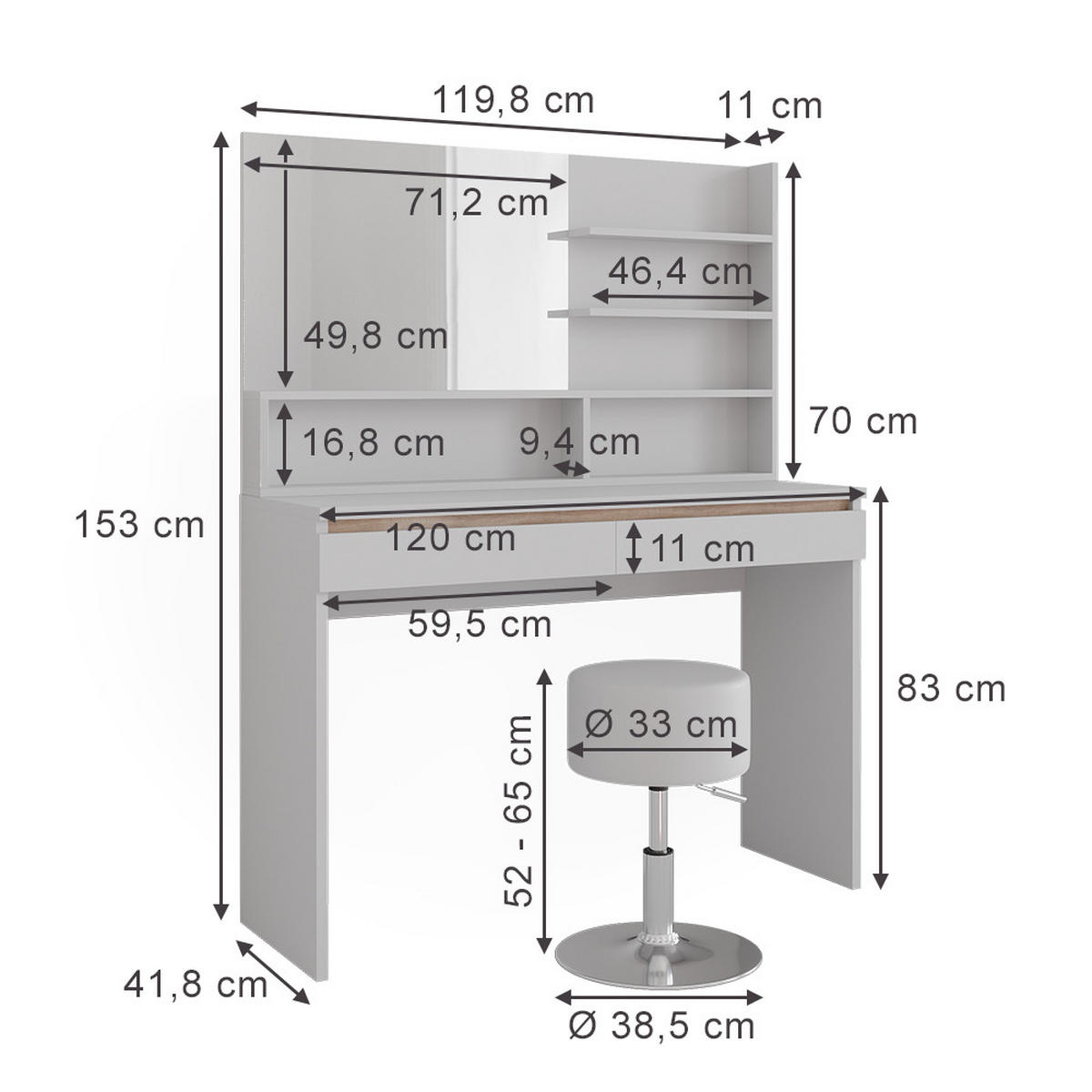SCHMINKTISCH Emma Weiß 120 cm mit Spiegelregal & Hocker - Weiß, Holzwerkstoff (120/83/41.8cm) - Vicco