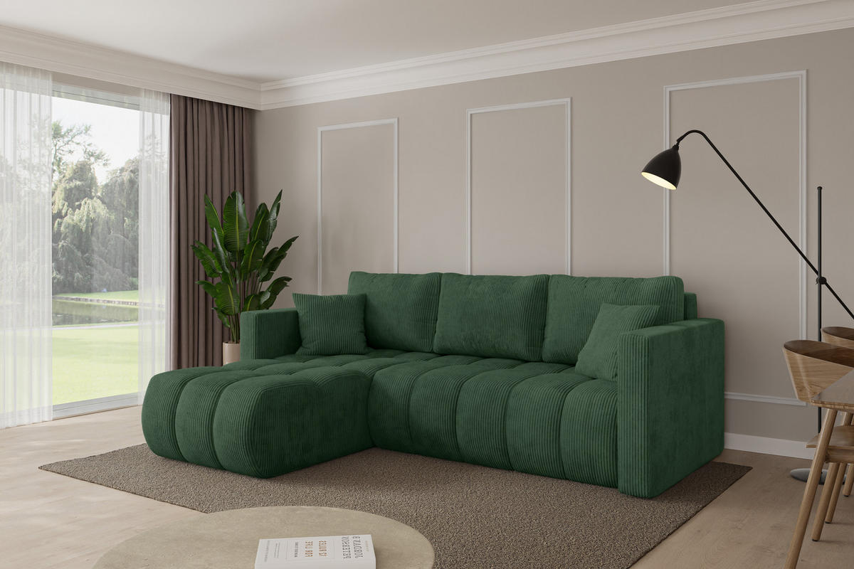 ROHOVÁ SEDAČKA s funkcí spaní, otoman vlevo GARD-L 226x146x85 zelená manšestr - černá/tmavě zelená, kompozitní dřevo/textil (226/146cm) - ALTDECOR