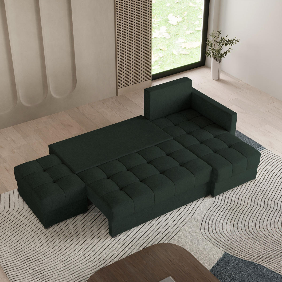 ECKSOFA LUMARI R-S Grün Plüsch-Stoff mit Schlaffunktion - Grün, Holz (262/143cm) - MASSENO
