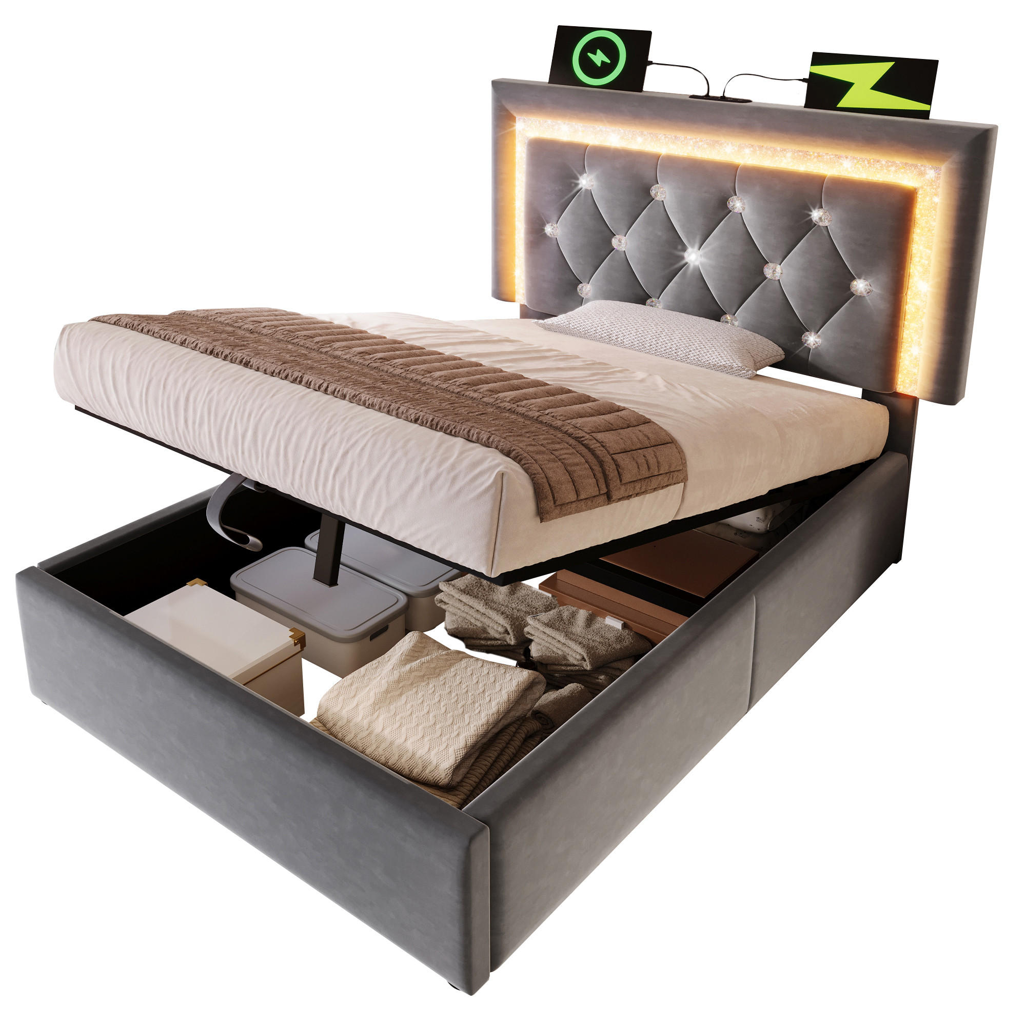 POLSTERBETT 90/200 cm Grau aus Samt mit LED-Beleuchtung und Bettkasten - Grau, Textil (90/200cm) - OKWISH