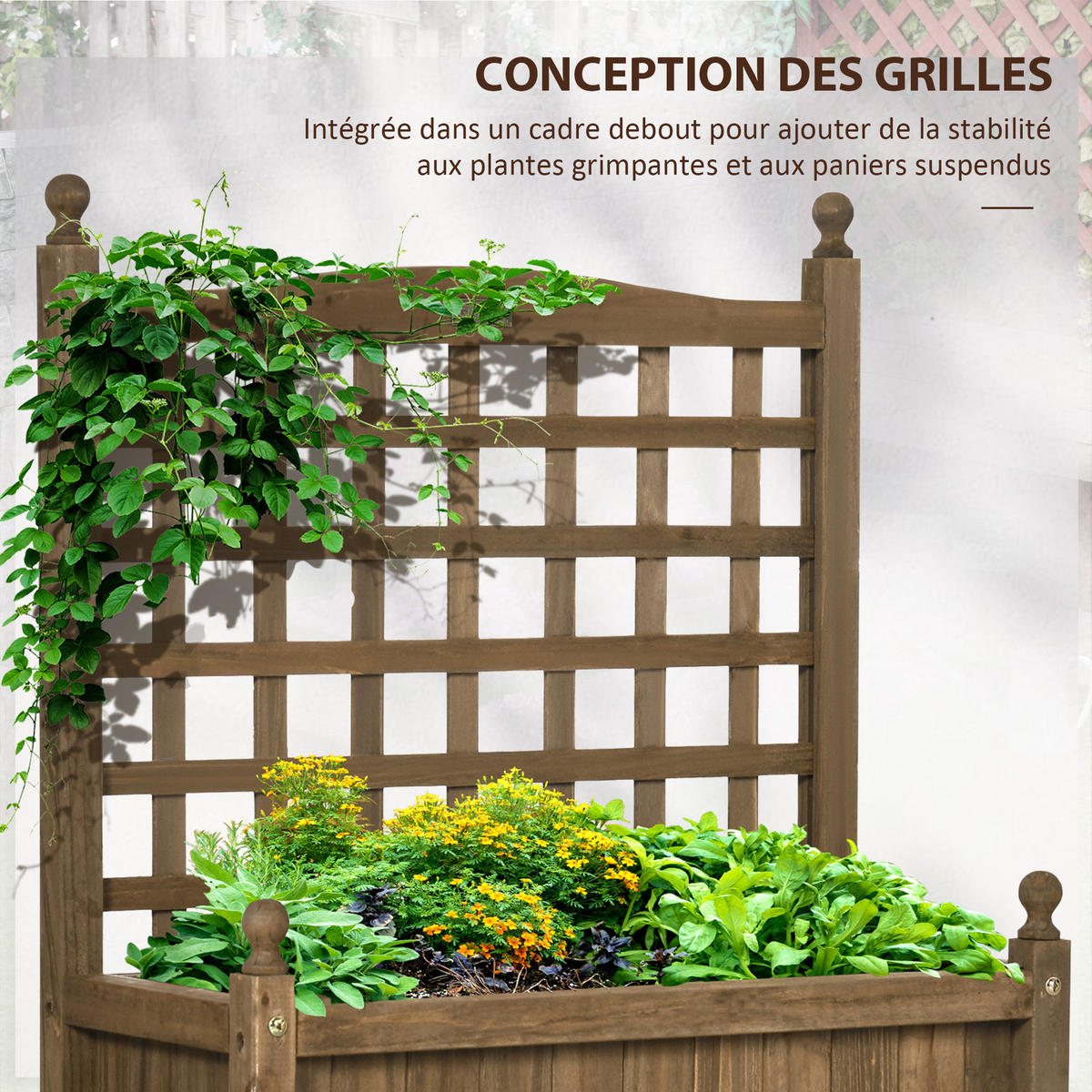HOCHBEET DE-12162 mit Rankgitter 64/28/75 cm mit Bewässerung Natur - Braun, Holz (64/75/28cm) - ComfortXL