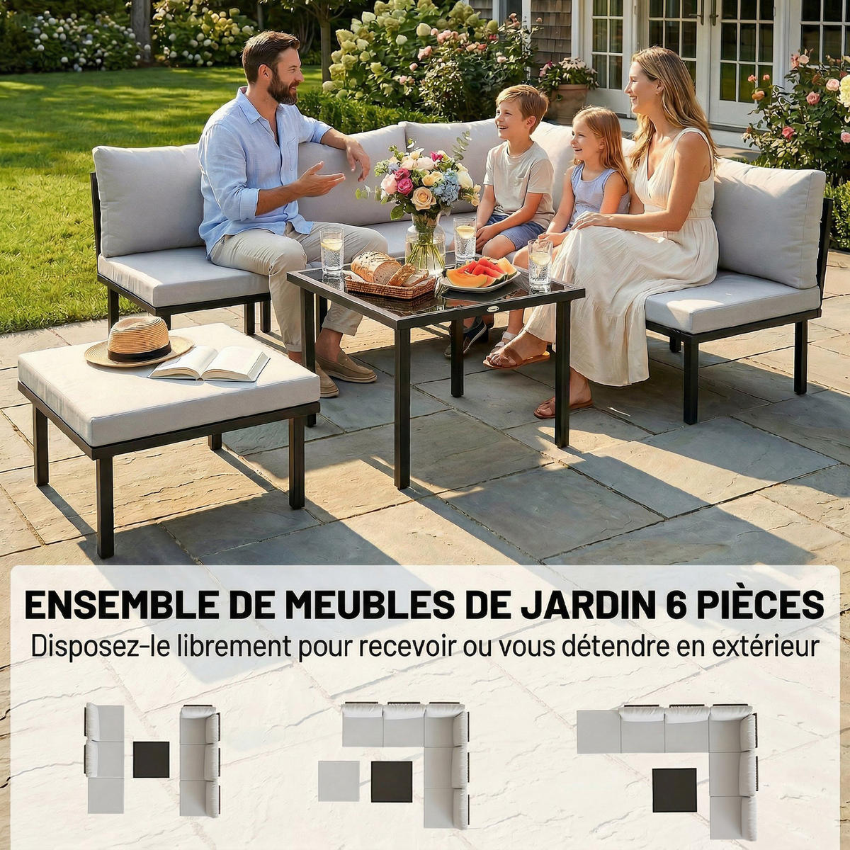 LOUNGEGARNITUR DE-13539 6-sitzig modulbar, mit Glastisch Hellgrau - Hellgrau, Metall - ComfortXL