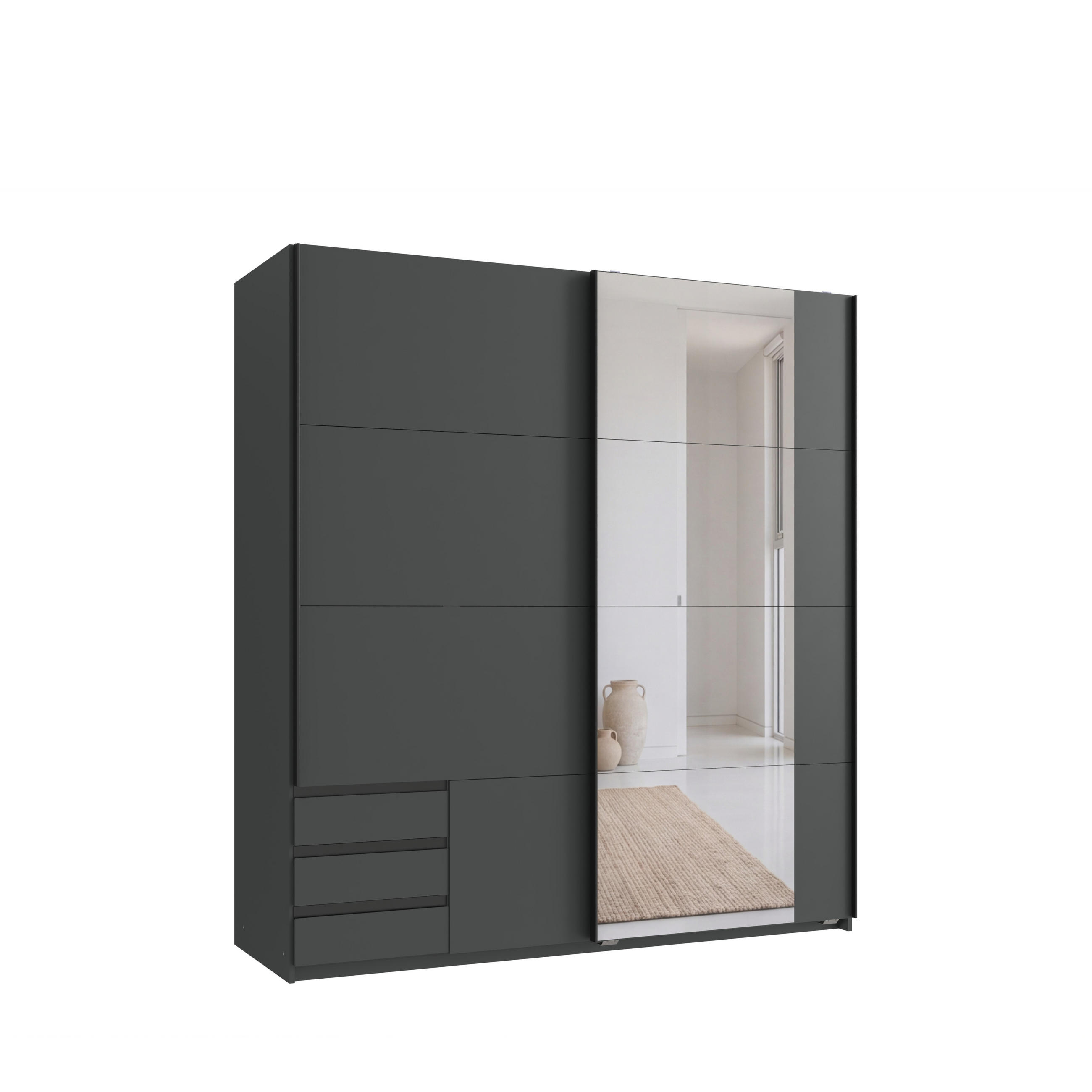 SCHWEBETÜRENSCHRANK 2-türig B179/H198/T65 cm, Kleiderschrank in Grafit mit sichtbaren Schubkästen & Spiegel / 22707 - Graphitfarben/Schwarz, Holz/Holzwerkstoff (179/198/65cm) - luma-home