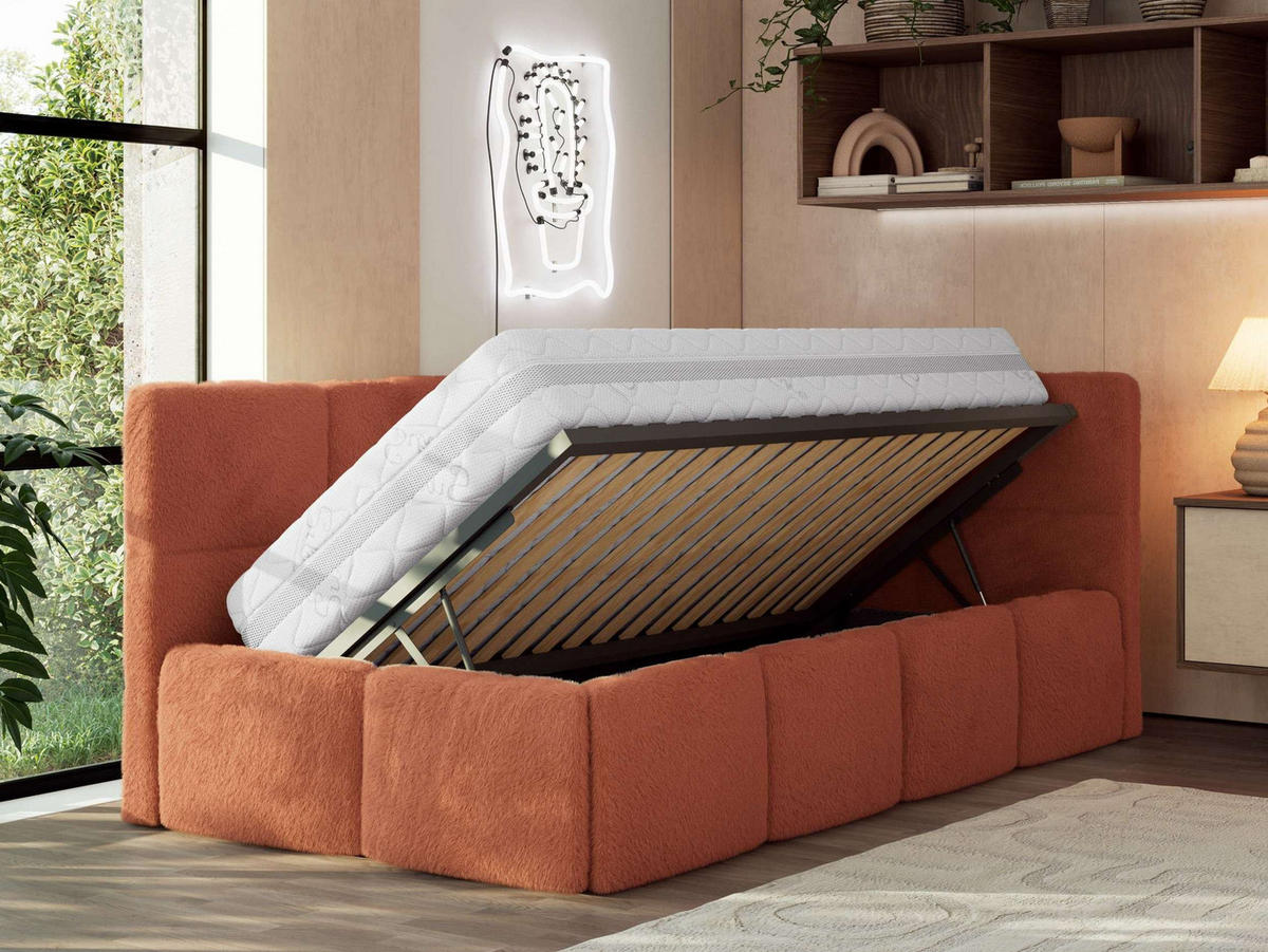 JUGENDBETT ARVO 90/200 - Orange Plüsch - Pocket-Matratze - Rechts Seite - Orange, Textil (90/200cm) - MKS