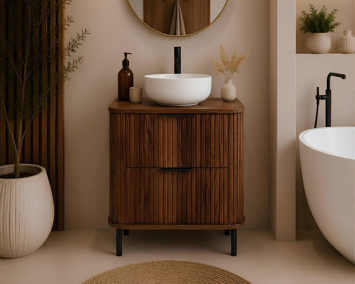 BADEZIMMERSCHRANK : Farbe Eiche-Nussbaum, Griff schwarz, Füße schwarz, 60 x 41,5 x 66,7 cm - Schwarz/Braun, Holzwerkstoff (60/66.7/41.5cm) - 3XE LIVING