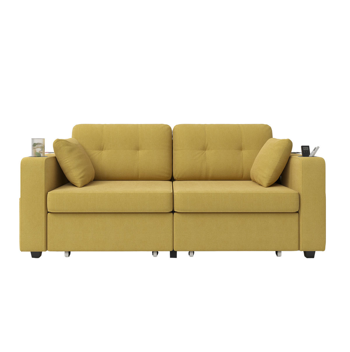 POHOVKA 172/75/82 cm hořčičně žlutá z chenille s USB nabíjením a úložnými zásuvkami - žlutá, textil (75/82/172cm) - OKWISH