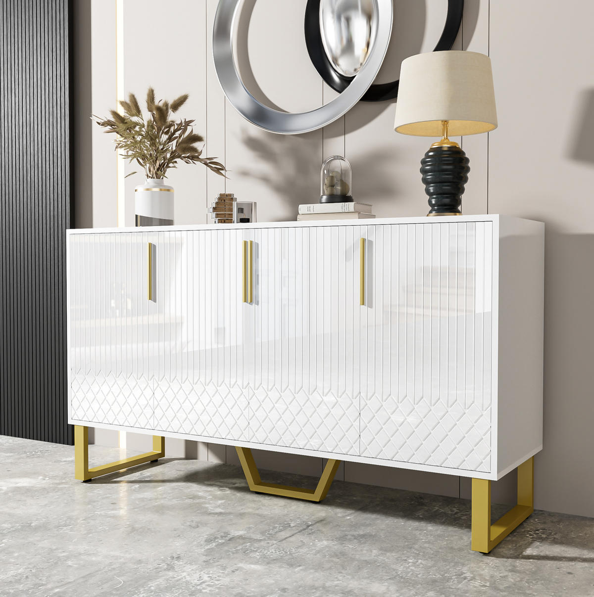SIDEBOARD 140/40/80 cm aus MDF mit 4 Türen, Hochglanzfront und geometrischem Design, Weiß - Weiß, Holzwerkstoff (140/80/40cm) - Redom