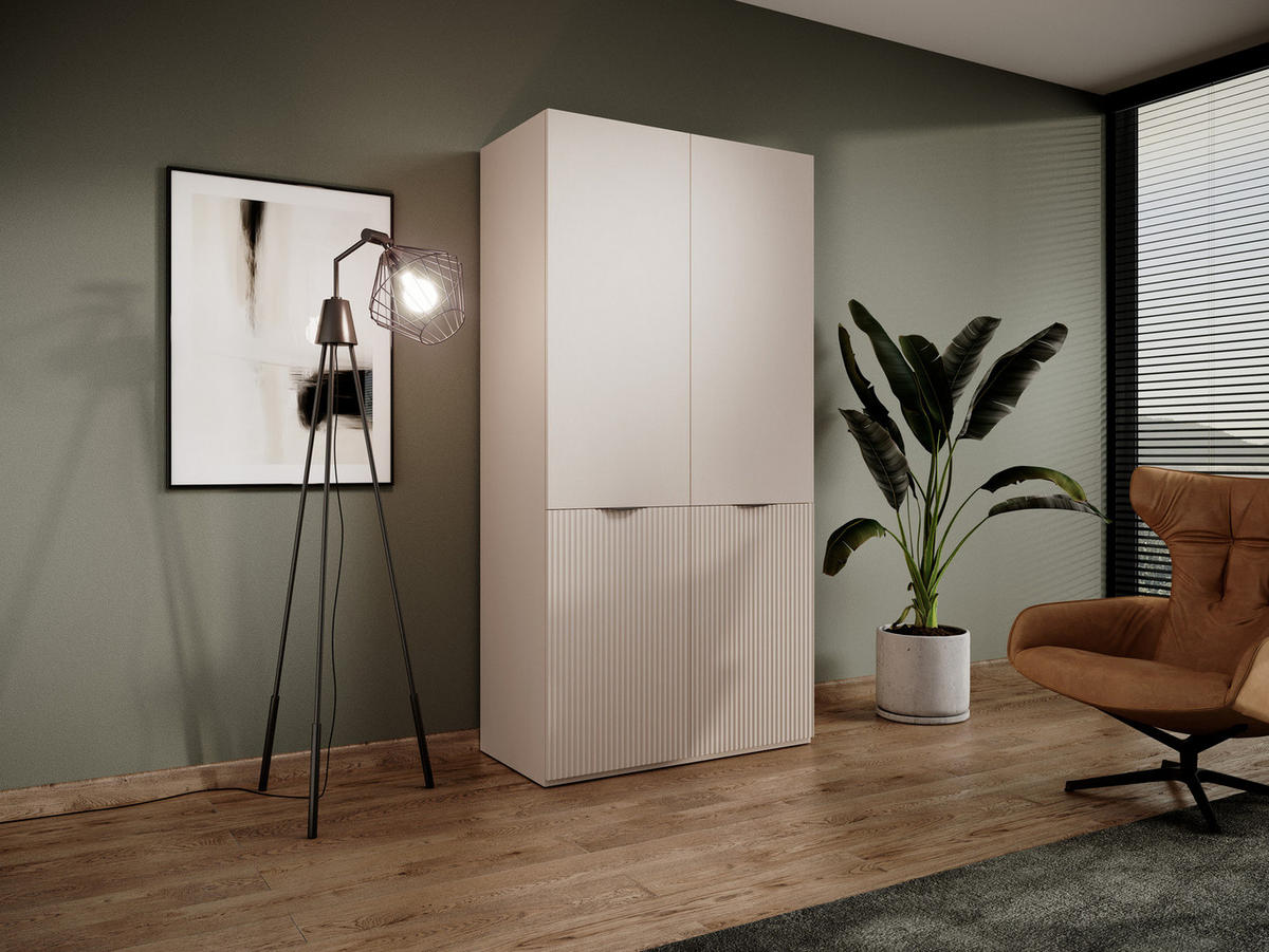 KLEIDERSCHRANK ZEN (Modular, Beige Matt, Rillenfront, 2-türig) - Beige/Schwarz, Holz/Holzwerkstoff (101/200/51cm) - Ravio