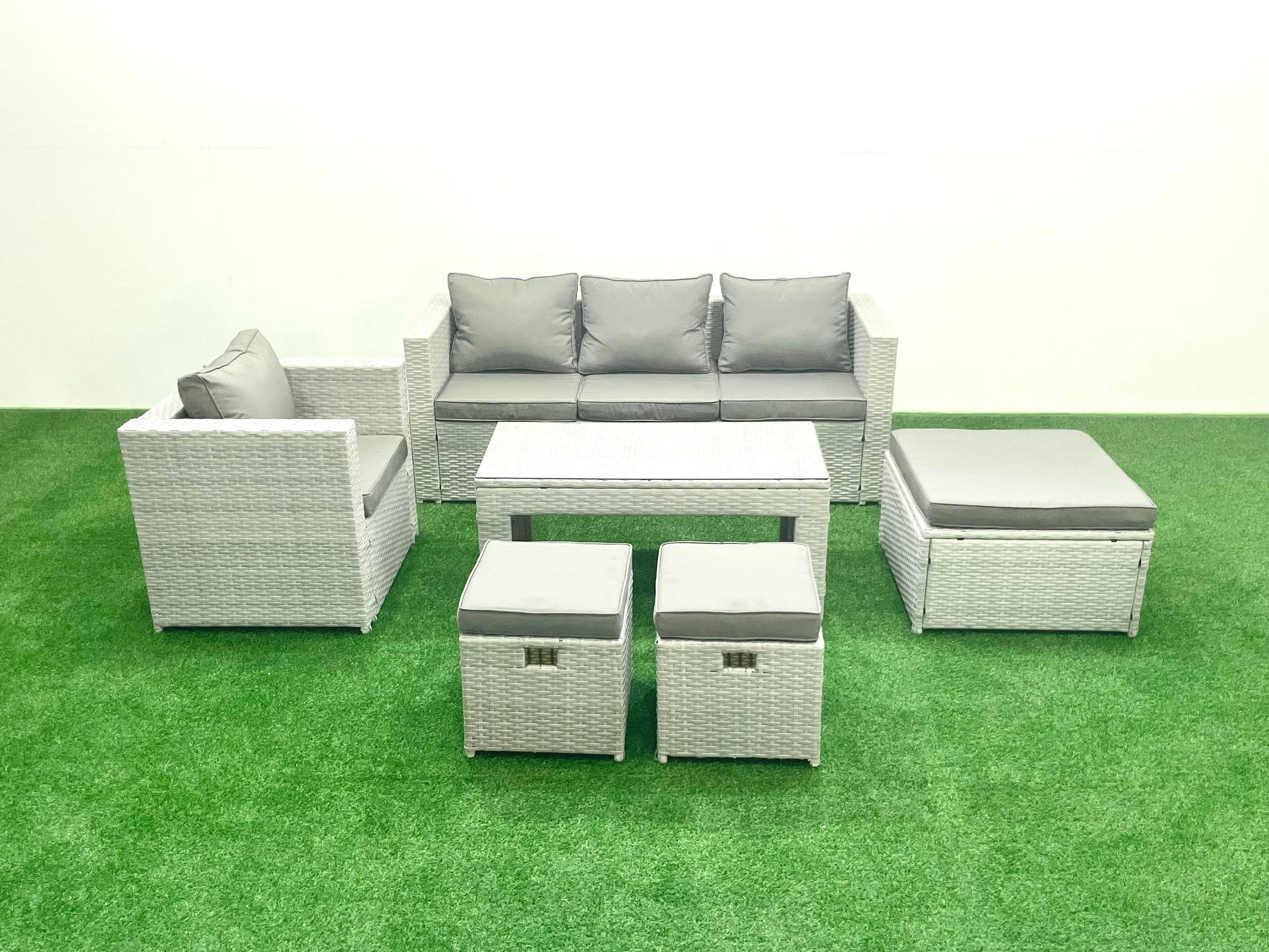 GARTENSET mit 3-SITZER SOFA,COUCHTISCH Polyrattan Hellgrau-Mix 7-Sitzer - Hellgrau/Grau, Glas/Kunststoff - Fimous