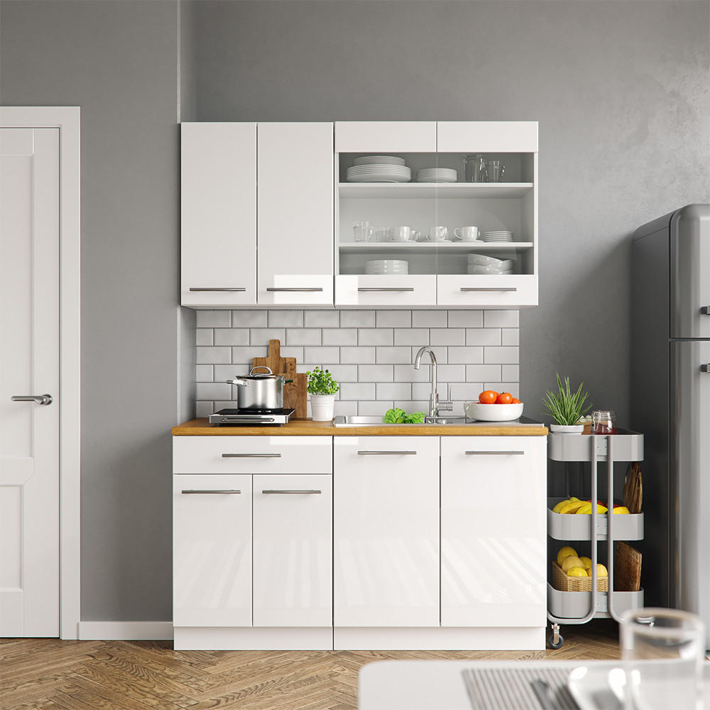 SINGLEKÜCHE Fame-Line Weiß Hochglanz/Weiß 140 cm, AP Anthrazit - Weiß Hochglanz/Weiß, Holzwerkstoff (140/81.6/60cm) - Vicco