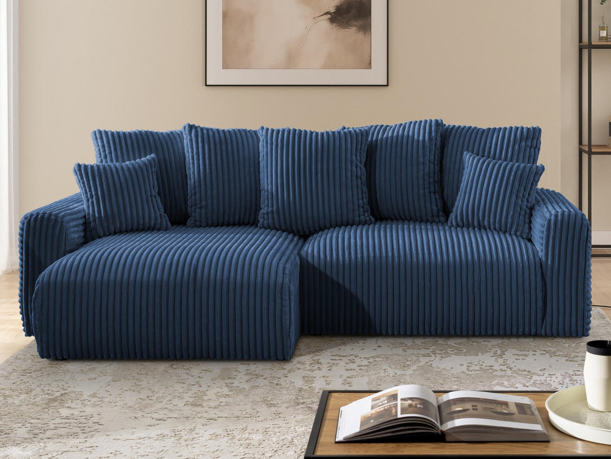 ECKSOFA Calma mit Schlaffunktion und Bettkasten im Bumpy-Design aus weichem Marineblau Plüschcord - Ottomane links - Blau/Schwarz, Holz/Kunststoff (239/140cm) - S-Style