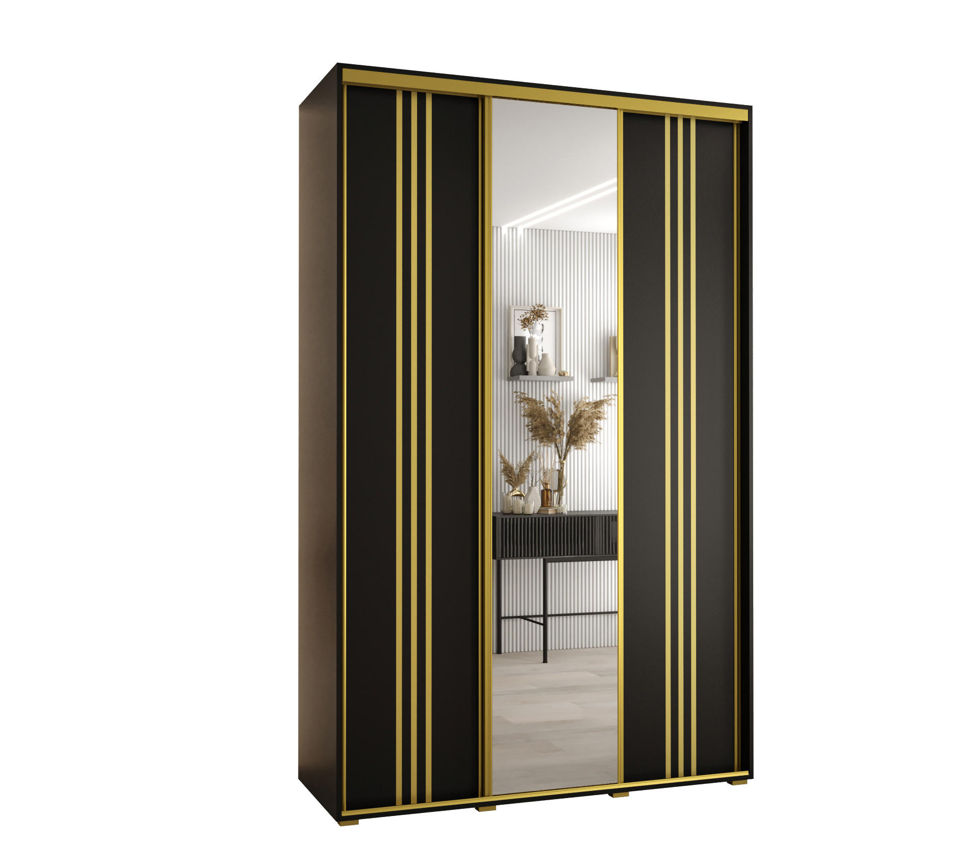 Abiks Möbel Schwebetürenschrank Schwarz, Schwarz, Gold 150x235x45 cm