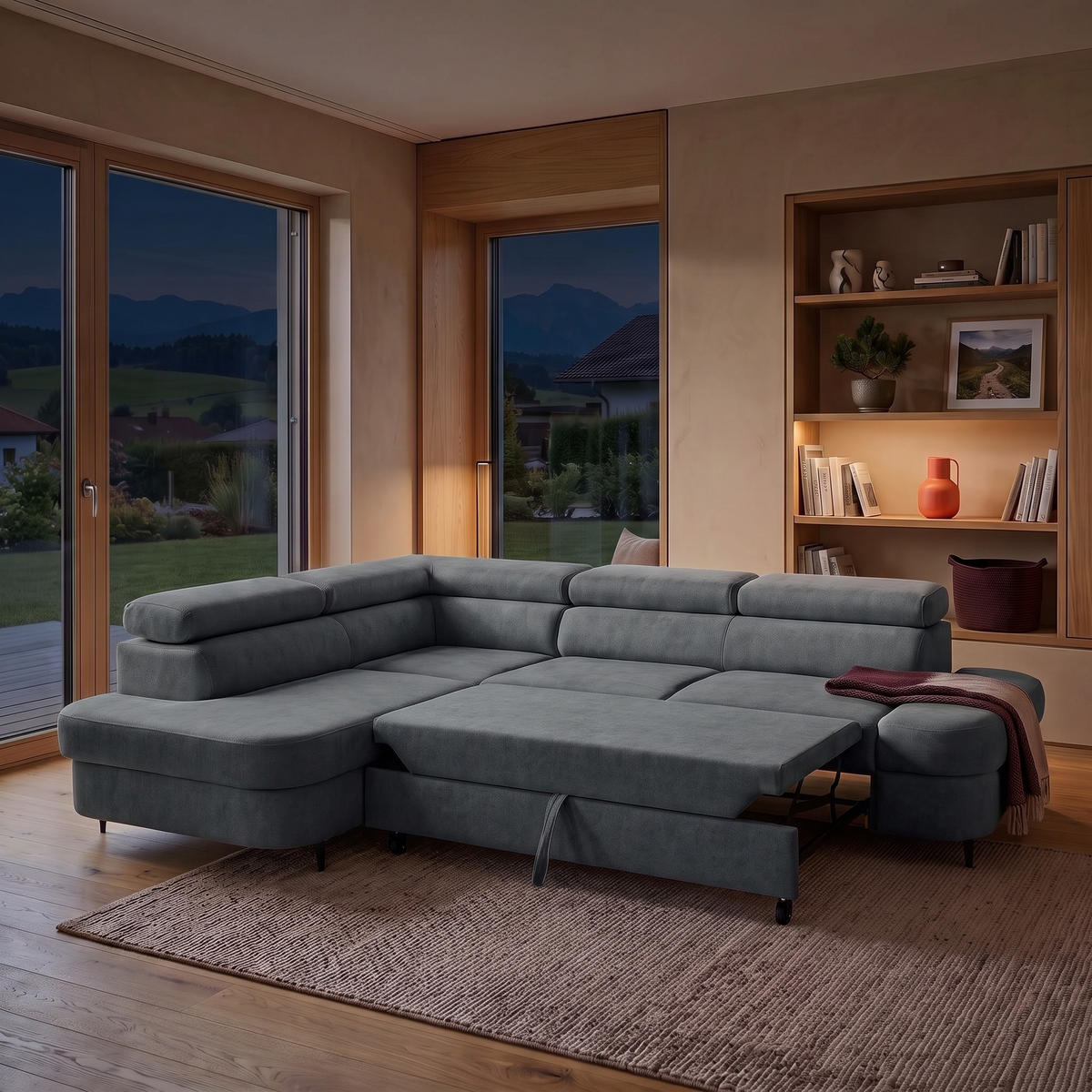 ECKSOFA PRIAM L Links mit Schlaffunktion 125x195 Velours Dunkelgrau - Dunkelgrau/Schwarz, Holz/Textil (203/275cm) - Muffo