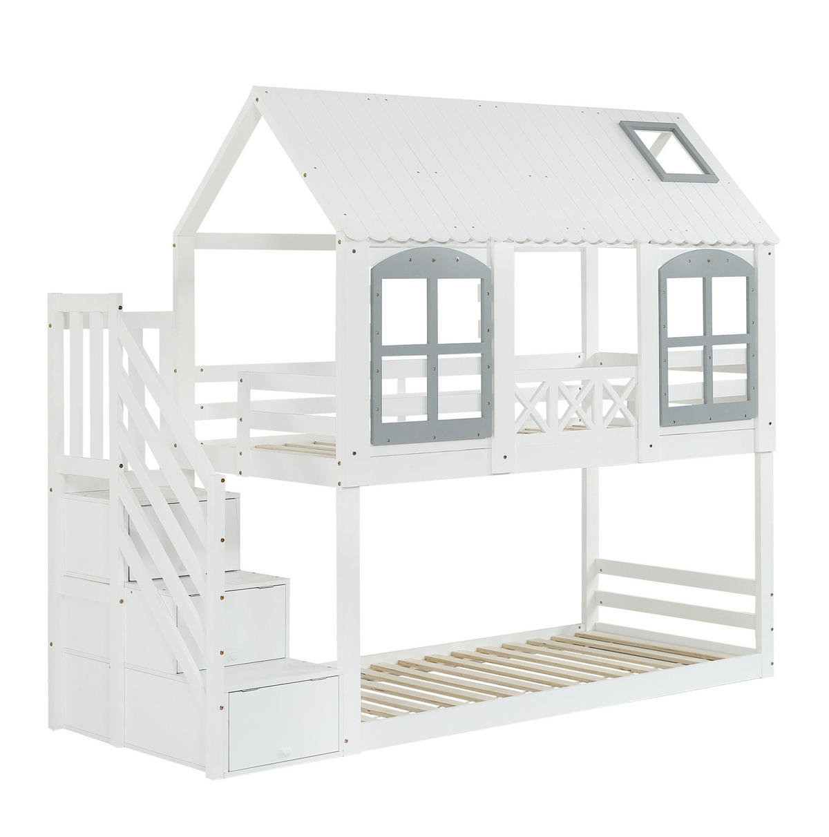 ETAGENBETT aus Kiefer und MDF 90x200 cm Weiß/Grau mit Dach, Fenstern, Fallschutz und Stauraumtreppe - Weiß, Holzwerkstoff (90/200cm) - Modfu