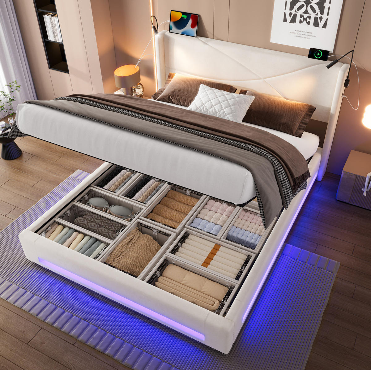 POLSTERBETT 140/200 cm mit LED-Beleuchtung, 2 Leselampen, USB-Anschlüssen und hydraulischem Stauraum, Beige - Beige, Textil (140/200cm) - Redom