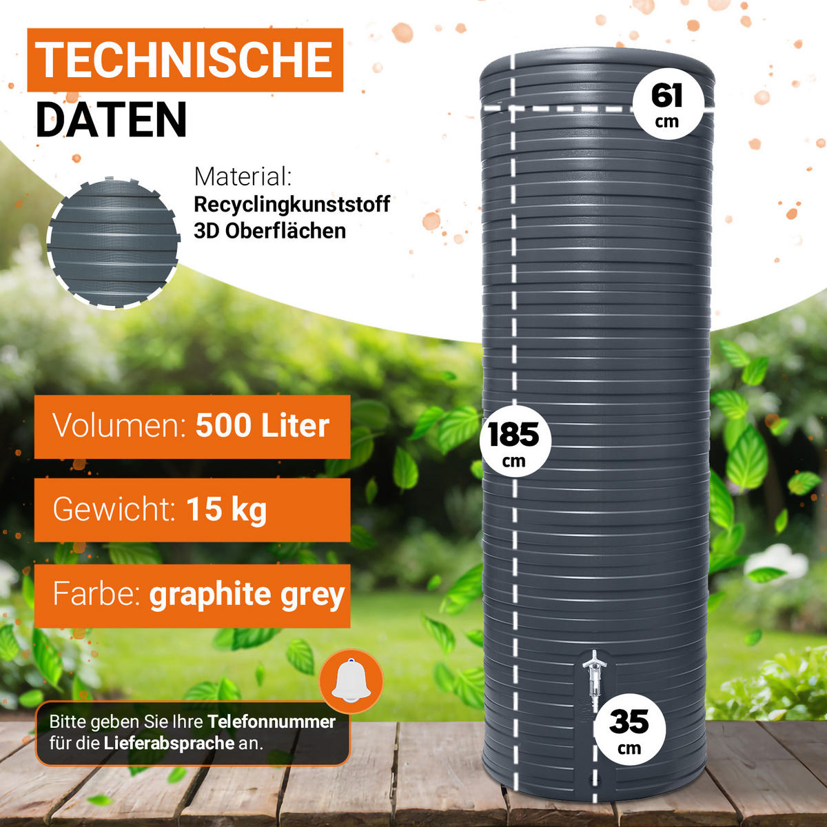 REGENTONNE 500 L, graphite grey - Grau, Kunststoff (61/185/65cm) - GARANTIA