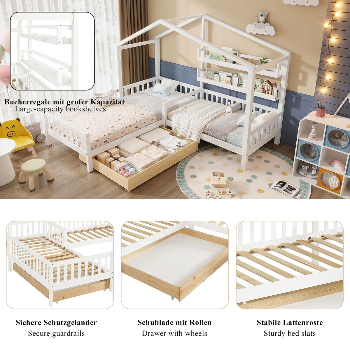 HAUSBETT 90/200+140/70 mit Schubladen und Regalen in Weiß - Weiß, Holzwerkstoff (90/200cm) - EVRYAE