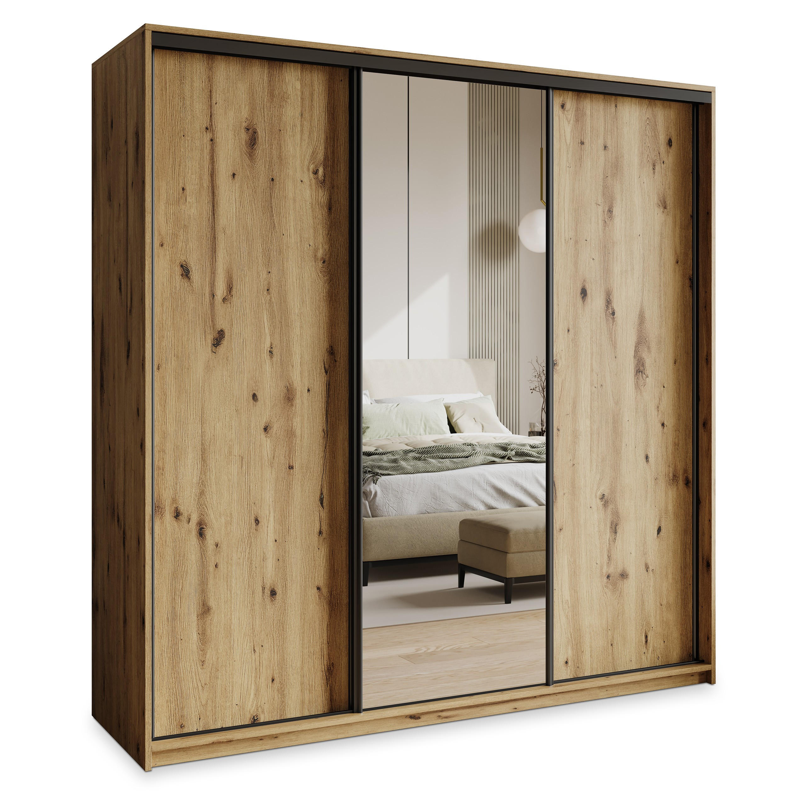 SCHWEBETÜRENSCHRANK TAVI 180/205/60 cm 3-türig mit Spiegel und Schubladen Eiche Artisan - Schwarz/Eiche Artisan, Holzwerkstoff (180/205/60cm) - MASSENO