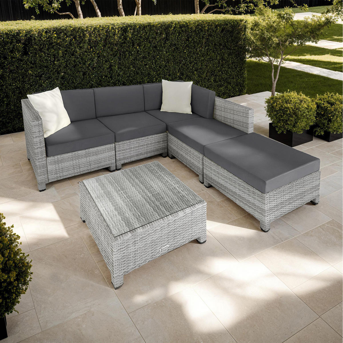 RATTANLOUNGE , mit Sicherheitsglasplatte, hellgrau - Hellgrau, Kunststoff - tectake