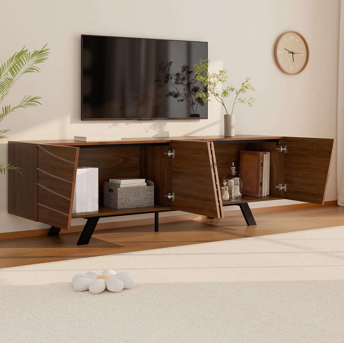 TV-LOWBOARD aus MDF 160x39x50,5 cm Walnussholzfarbe mit Wellenfront, Kabelmanagement und Stauraum - Walnussfarben, Holzwerkstoff (160/50.5/39cm) - IVMEU