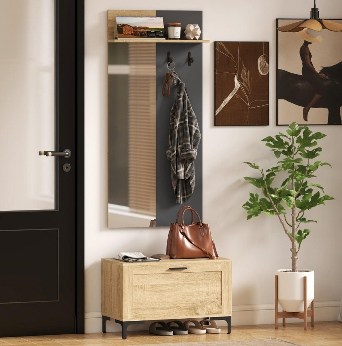 PŘEDSÍŇOVÁ sestava 60/13,5/127,5 cm přírodní dřevo a šedá z MDF s věšákem, zrcadlem a botníkem - přírodní, kompozitní dřevo (60/127.5/13.5cm) - OKWISH