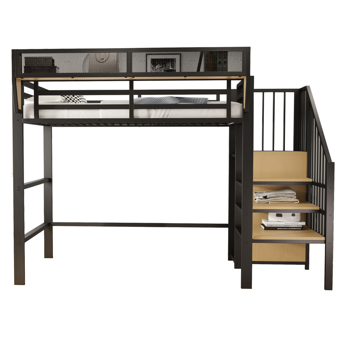 HOCHBETT 90/200 cm DE-01394, in Schwarz, mit Sicherheitsleiter und flexiblem Staufach - Schwarz, Metall (90/200cm) - ComfortXL