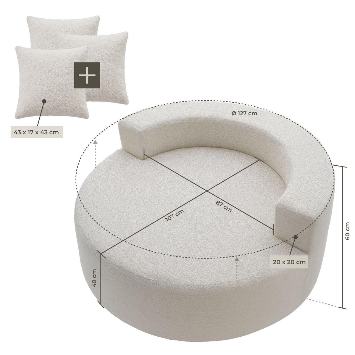 RELAXSESSEL Love, Ø 127 x 60 cm, mit 3 Kissen, Bouclé creme - Creme, Kunststoff/Textil (127/60/127cm) - tectake
