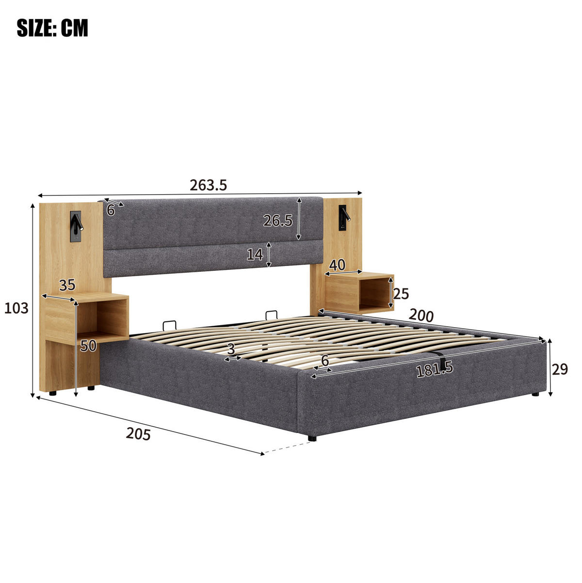 ČALOUNĚNÁ postel 180/200 cm, samet šedá/přírodní, s úložným prostorem, USB a 2 nočními stolky - šedá, textil (180/200cm) - BEAOK