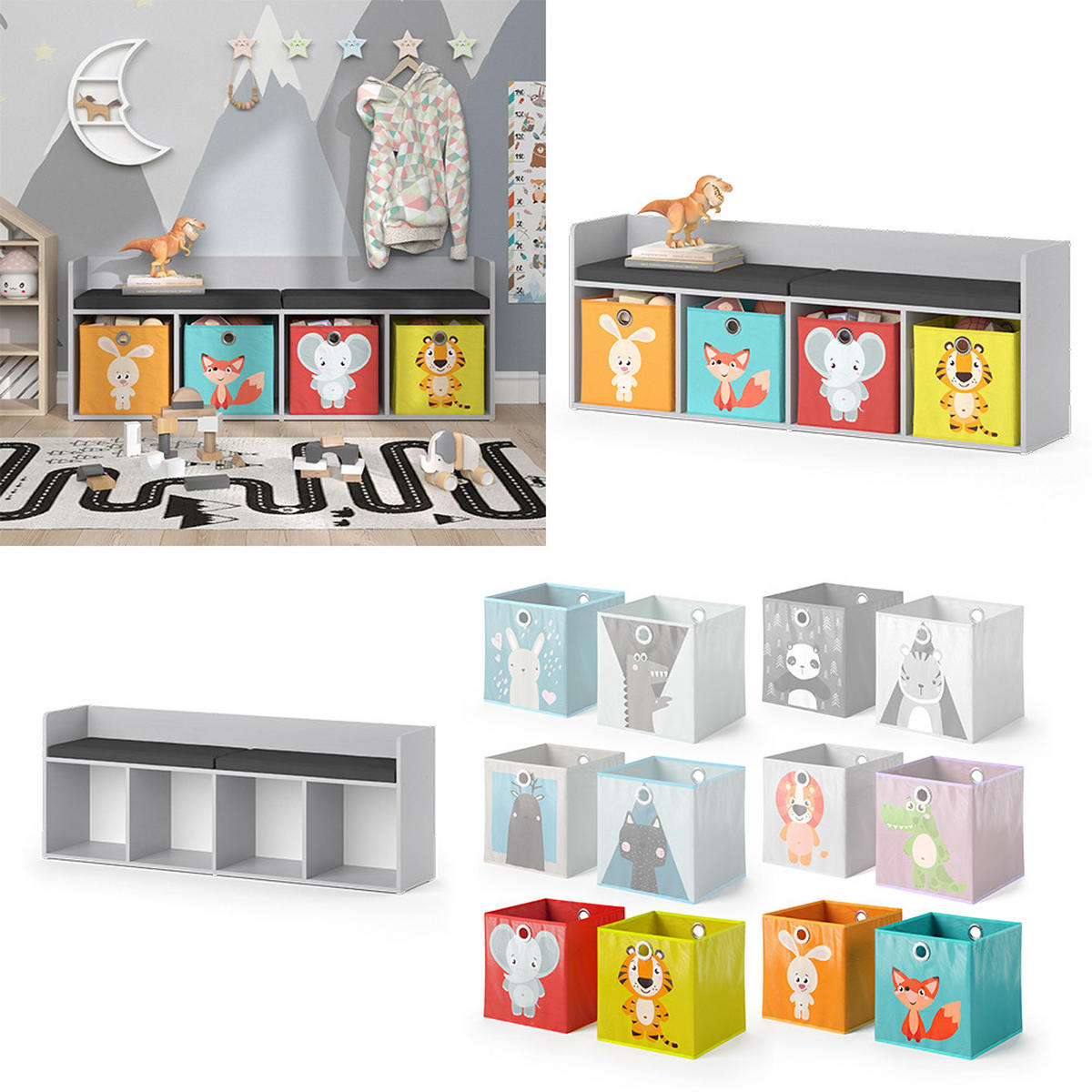 KINDERSITZBANK Luigi Weiß 142.4 x 53.4 cm 4 Fächer, mit Faltboxen bunt - Weiß, Holzwerkstoff (142.4/53.4/31.2cm) - Vicco