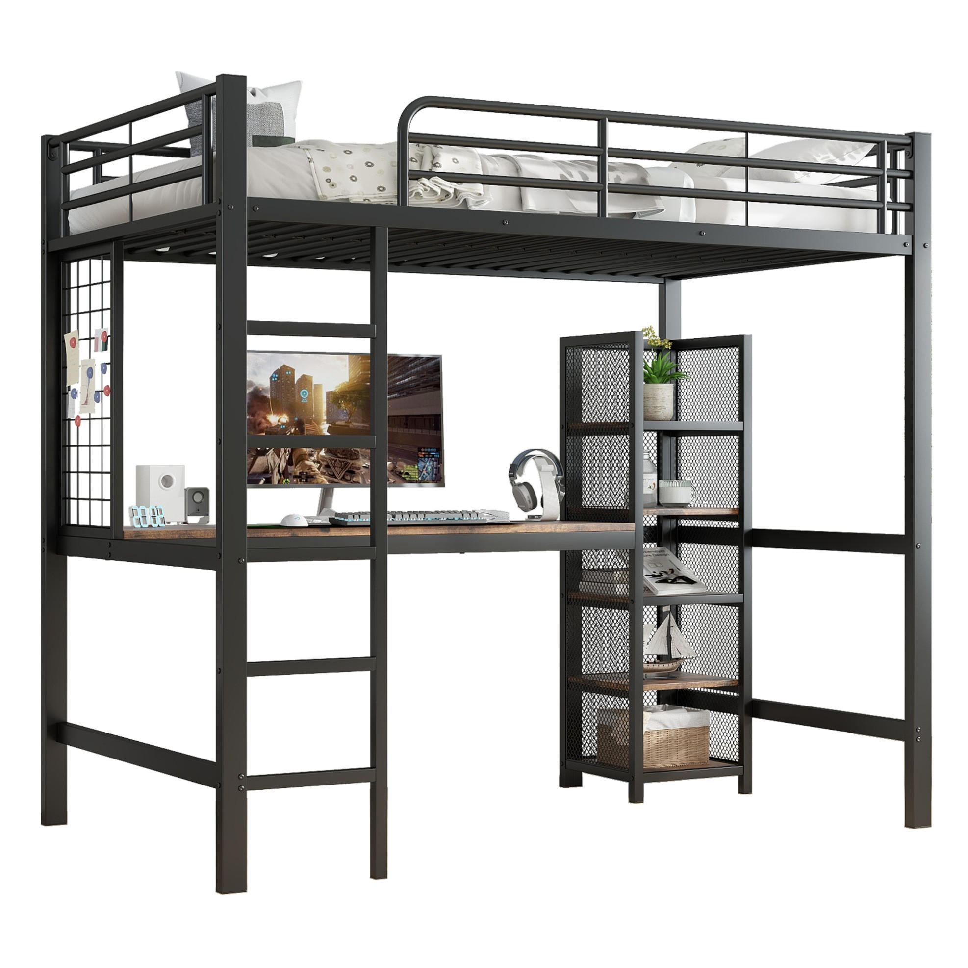 HOCHBETT aus Metall und MDF 90x200 cm Schwarz-Dunkle Holzfarbe mit Schreibtisch, 5-stufigem Regalschrank und Metallgitter - Schwarz, Holzwerkstoff (90/200cm) - Modfu