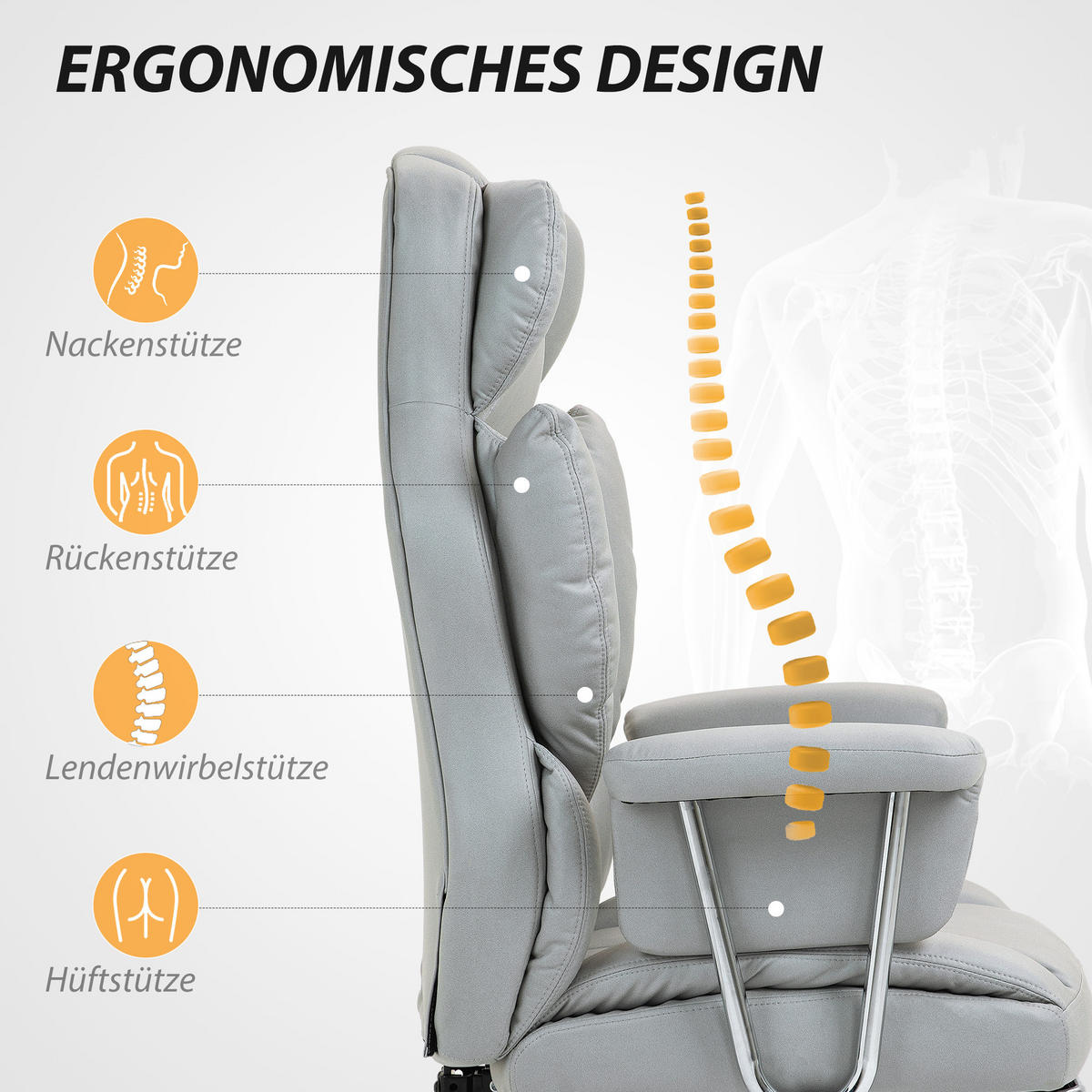 BÜROSTUHL mit Liegefunktion, ergonomisch Schreibtischstuhl, Drehstuhl Hellgrau - Chromfarben/Hellgrau, Textil/Metall (65/128/74cm) - HOMCOM