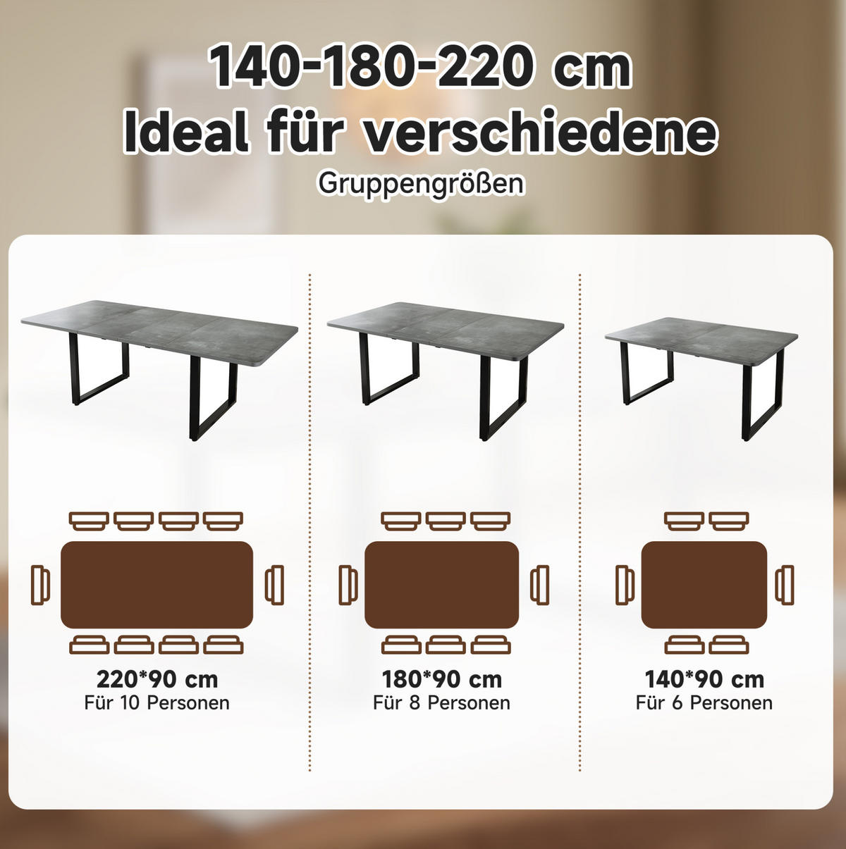 ESSTISCH 140/180/220 x 80 cm in Grau aus MDF, ausziehbar für 6-10 Personen - Grau, Holzwerkstoff (220/90/75cm) - Flora Grace