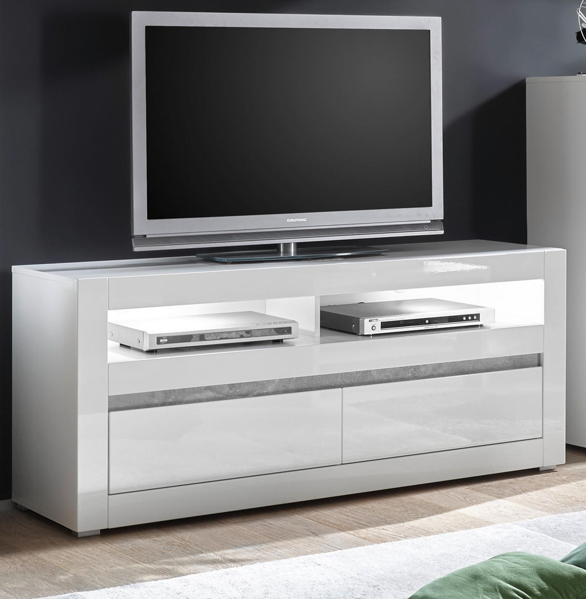 TV-LOWBOARD Hochglanz weiß Stone Design grau, TV-Unterteil Komforthöhe, 150 x 63 cm - Weiß Hochglanz, Holzwerkstoff (150/63/42cm) - Furn.Design