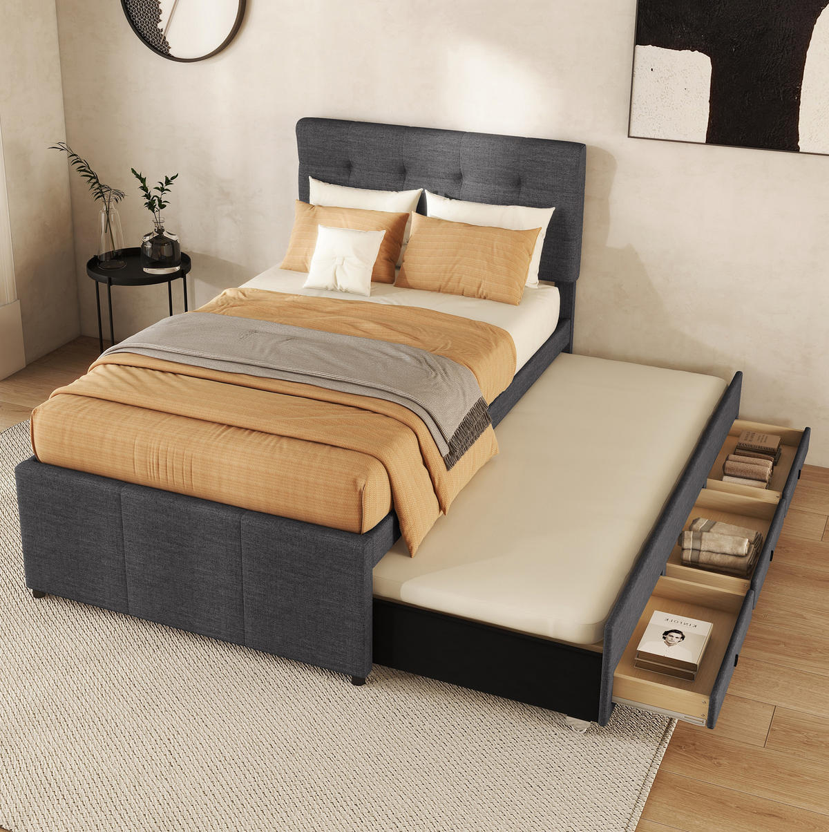 POLSTERBETT mit Ausziehbett und 3 Schubladen 90x200 cm Grau - Grau, Holzwerkstoff (90/200cm) - Beauniv