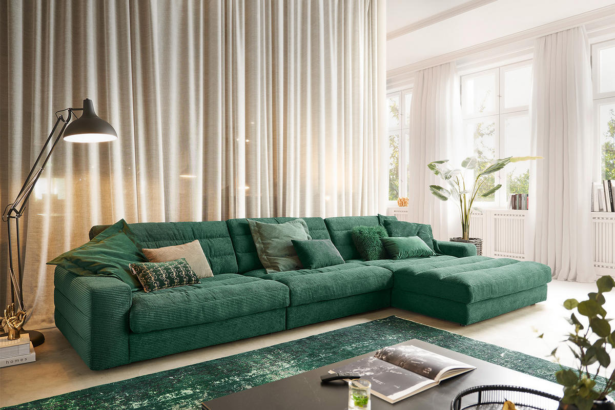 ECKSOFA XL LANA Smaragdgrün Cord - Smaragdgrün/Schwarz, Textil (416/205cm) - KAWOLA