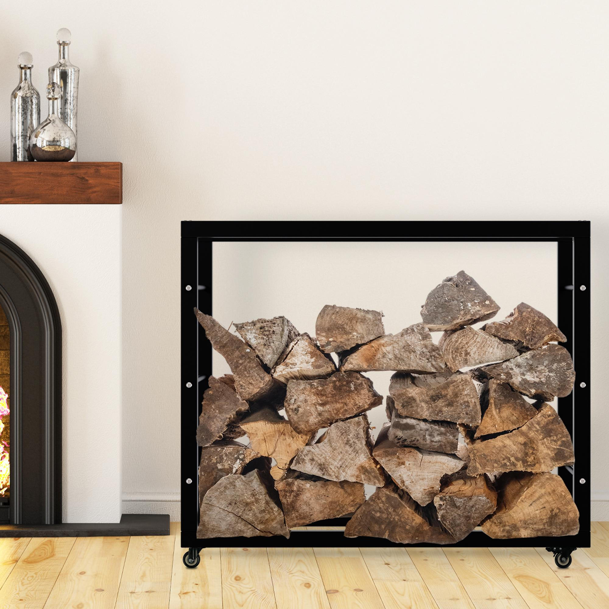 KAMINHOLZREGAL innen Metall SATLO Kaminholzständer mit Rollen Schwarz 25x100x80 cm - Schwarz, Metall (100/80/25cm) - DELUKE