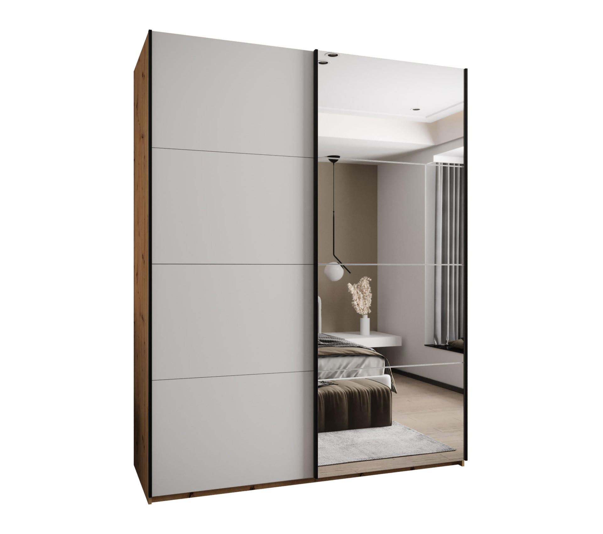 Abiks Möbel Schwebetürenschrank Eiche Artisan, Weiß, Schwarz 190x245x64 cm