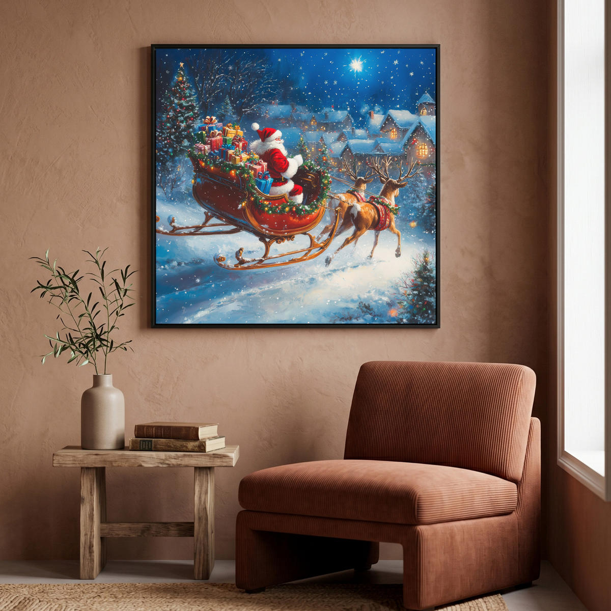 LEINWAND Bilder mit Rahmen - Weihnachtsmann - Rentier - Weihnachten - Schnee - 90x90 - Cognac, Textil (90/90cm) - MuchoWow