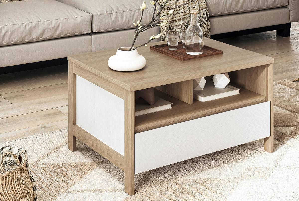 COUCHTISCH in weiß und Eiche Beistelltisch skandinavisch 80 x 60 cm, Soft-Close Finnes - Eichefarben/Weiß, Holzwerkstoff (60/80/46cm) - Furn.Design