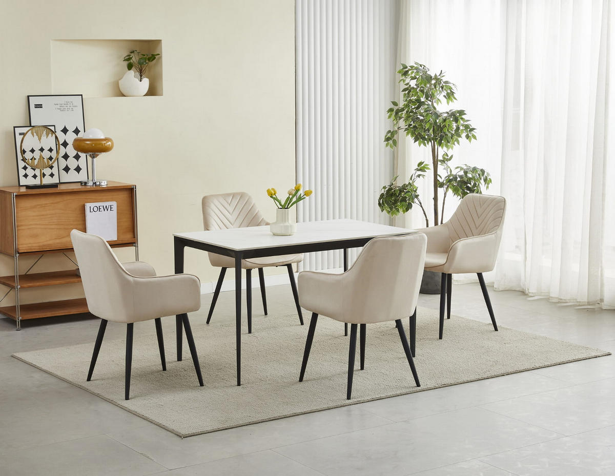 STUHL NEMI 6-er Set, Beige, Schwarz, mit Samtstoff gepolstert - Beige, Textil/Metall (54/84/61cm) - Komodee
