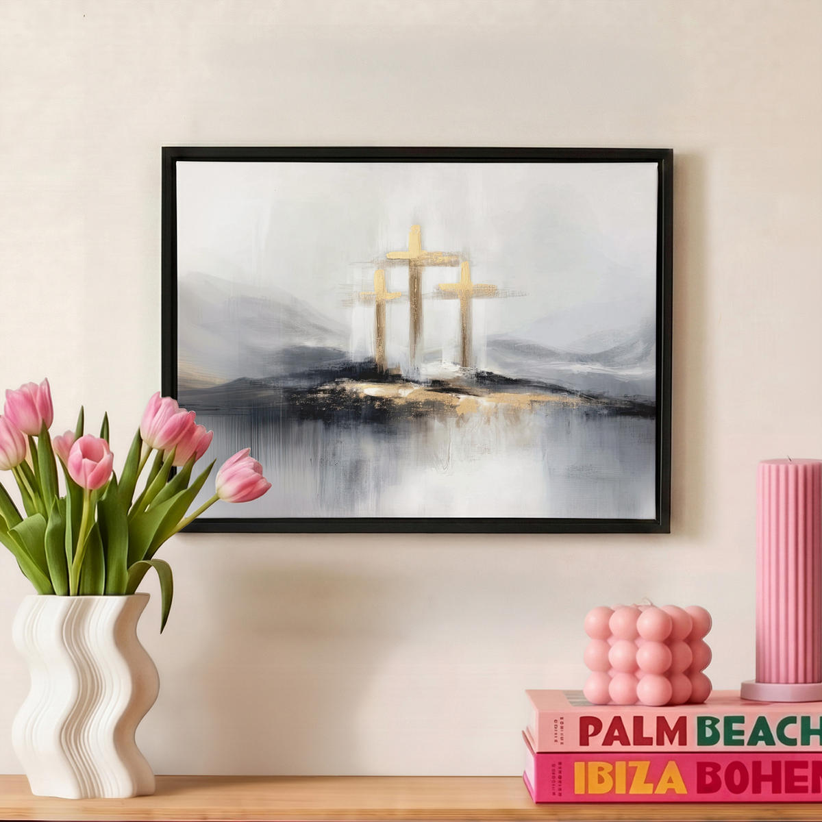LEINWAND Bilder mit Rahmen - Abstrakt - Malerei - Christentum - Kreuz - 40x30 - Weiß, Textil (40/30cm) - MuchoWow