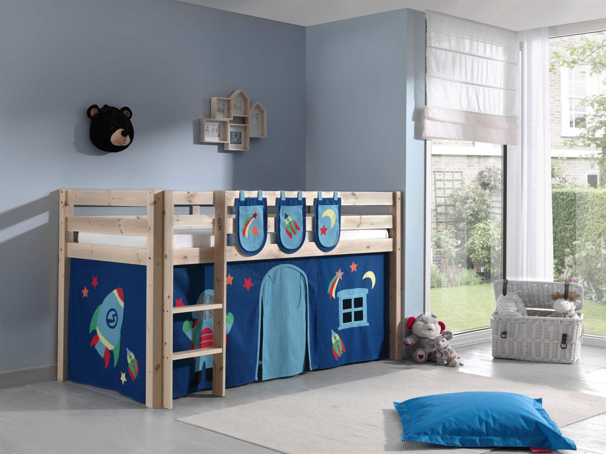 KINDERBETT Karolina 210x114x106 Massivholz Natur Textilset Astro 3 - Blau/Kieferfarben, Holz (90/200cm) - 58aufmkessel