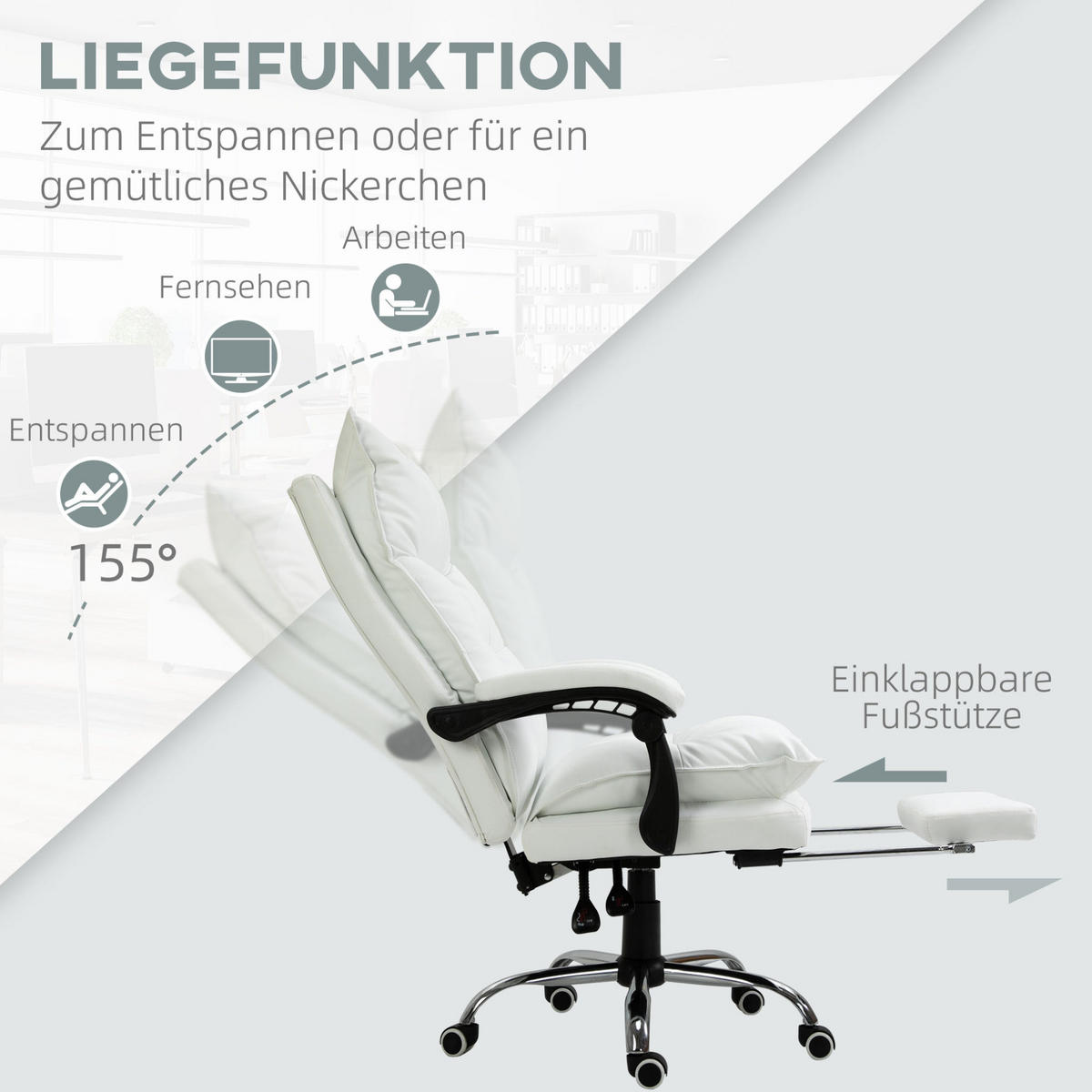 BÜROSTUHL mit Fußstütze höhenverstellbar Weiß - Weiß, Metall (72/130/66cm) - Meubliv