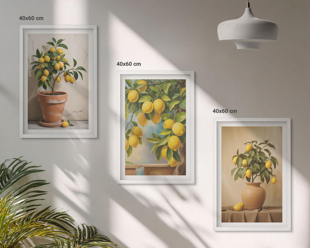 BILDER SET 3er Set - 40x60 cm Weißer Rahmen - Zitronenbäumchen im Topf und in der Vase - Weiß, Kunststoff (40/60cm) - TULUP