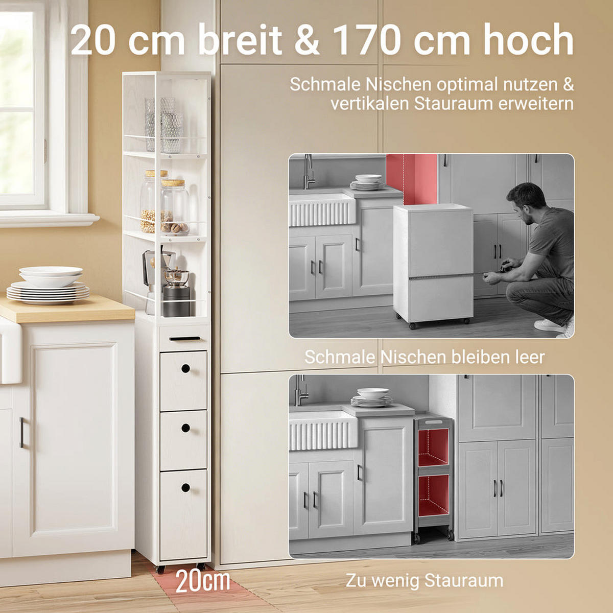 VYSOKÁ boční skříňka do koupelny s kolečky a zásuvkami - bílá, kožešina (20/170/40cm) - SoBuy