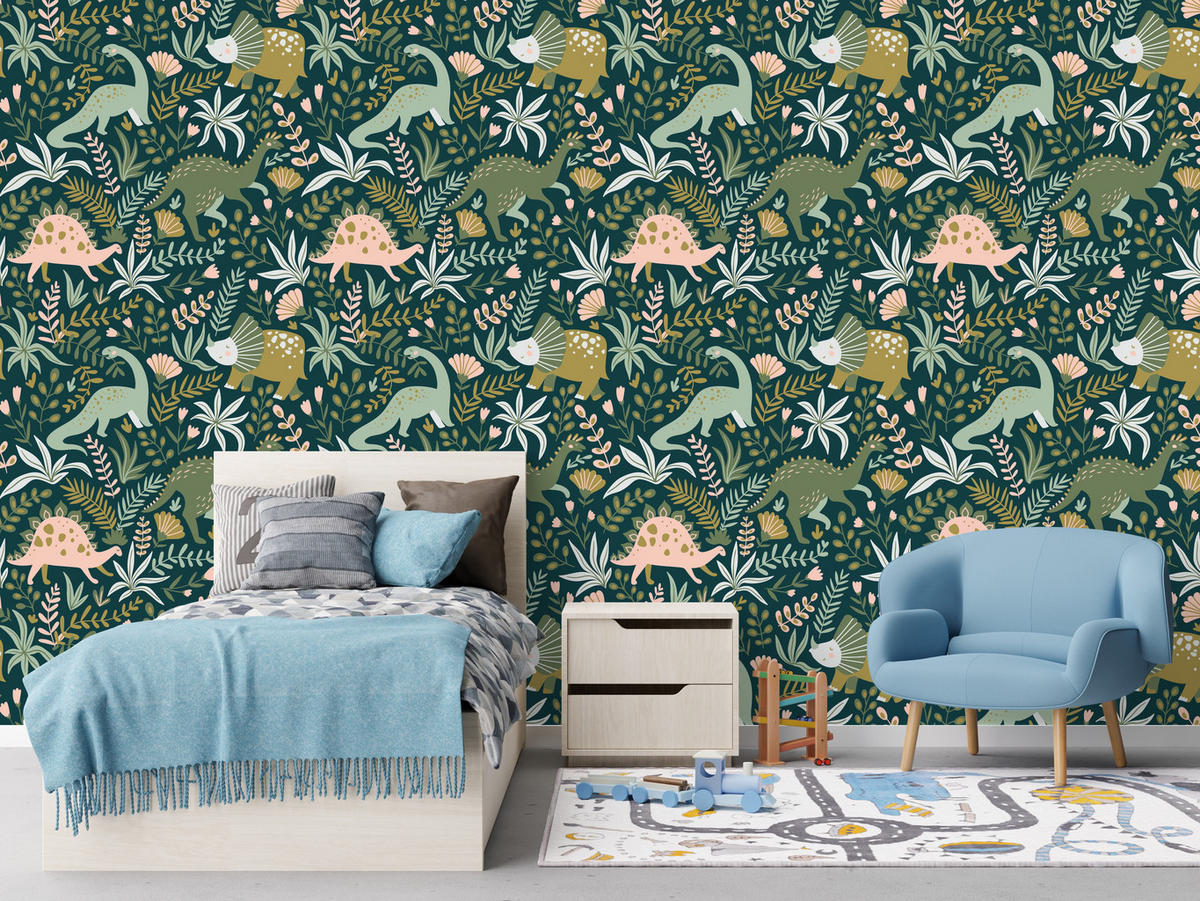 VLIESTAPETE Dinosaurier und Blätter – Grün, Beige, Petrol – 50x1000 cm - Beige/Petrol, Papier (50/1000cm) - Muralo